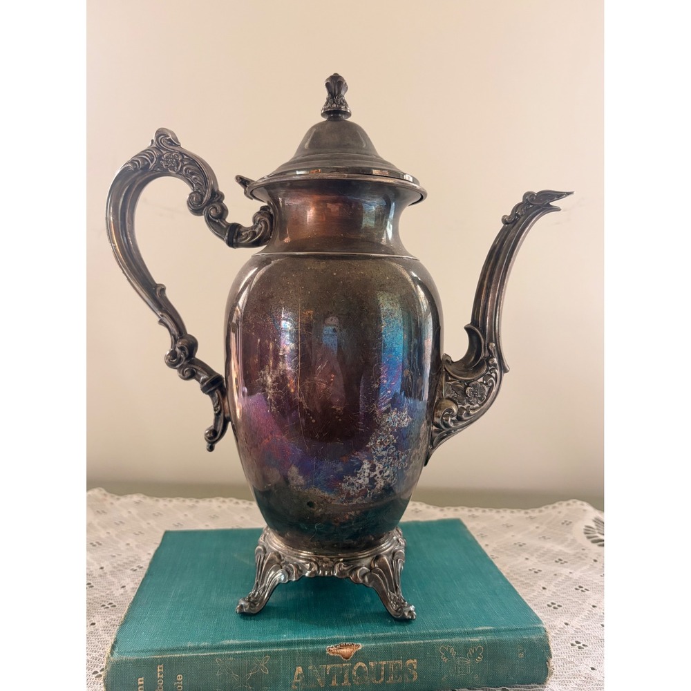 Oneida Silver Plated Teapot Ornate Footed Tea Pot Iridescent Patina